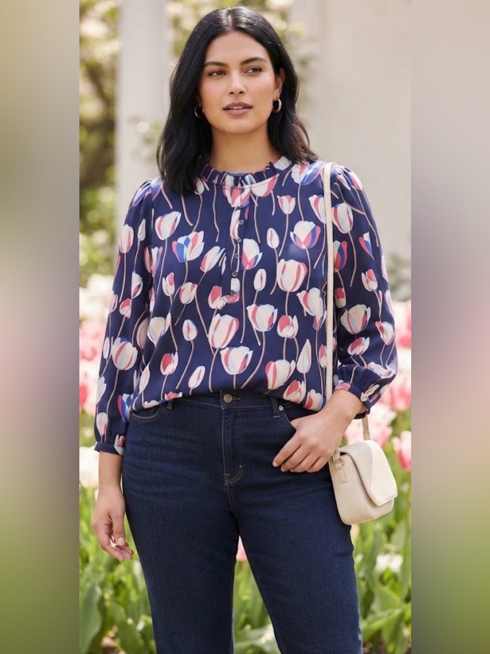 Talbots Plus Size Navy Blue Tulip Print Ruffle Neck Long Sleeve Blouse 1X